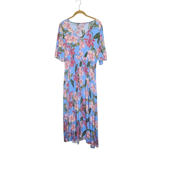 Floral Maxi Dress V-Neck Casual‎ Summer Dress Blue Pink Size L - Picture 1 of 11